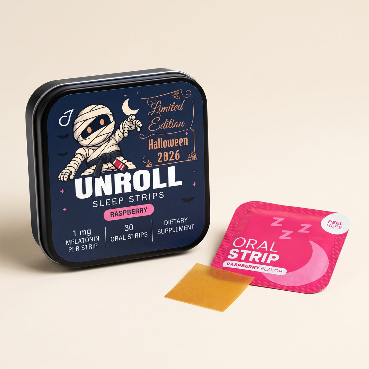 Unroll Halloween 2026 sleep strips tin with a raspberry packet and thin amber oral strip