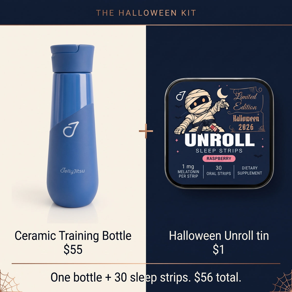 Halloween kit: one $55 Ceramic Training Bottle plus one Halloween Unroll tin with 30 sleep strips for $1; $56 total. Products shown in separate photographic panels.