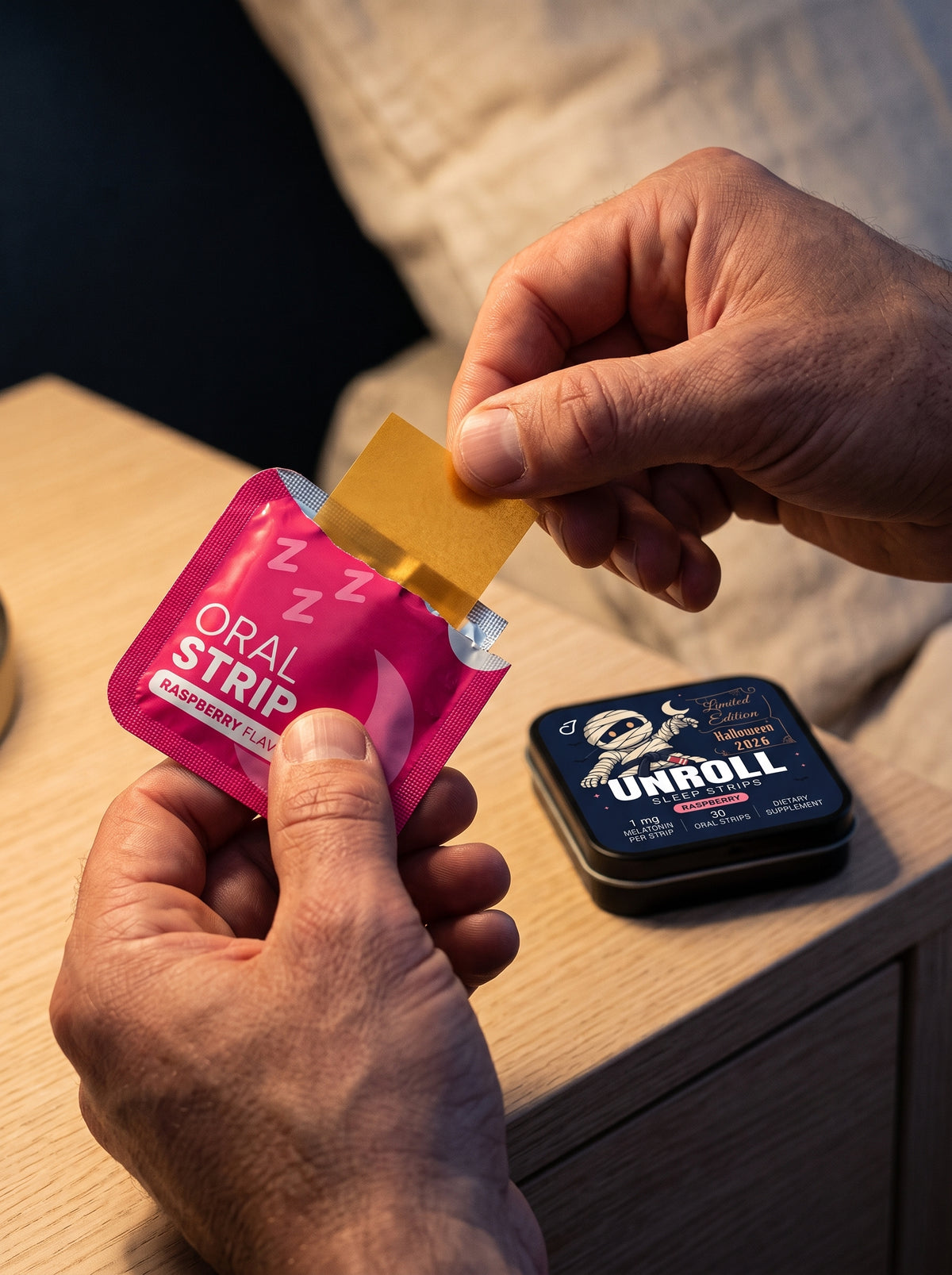 Hands opening a raspberry packet and lifting an amber oral strip beside the Halloween Unroll tin