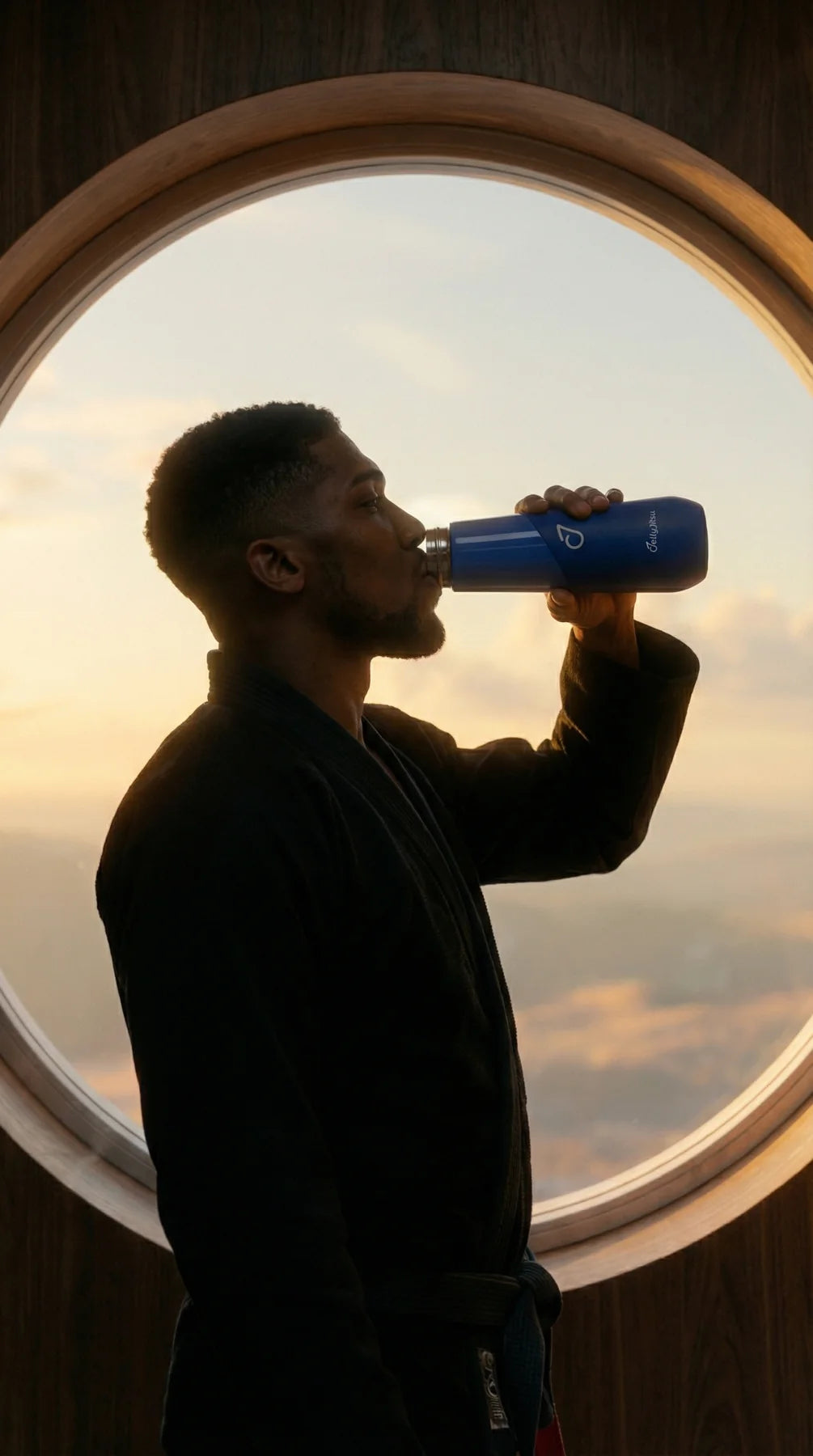 Athlete drinking from the Horizon Blue bottle beside a round window