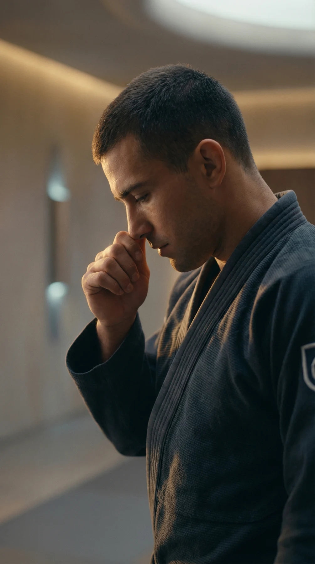 A grappler taking a quiet moment before jiu-jitsu class