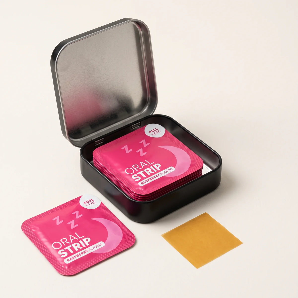 Open Unroll tin with individually wrapped raspberry sleep strips