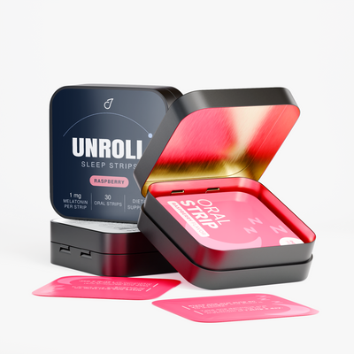 Open Unroll tin showing individually wrapped raspberry sleep strips
