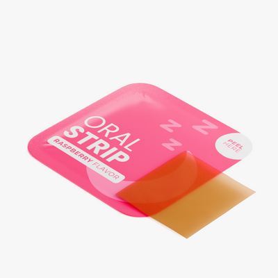 Raspberry oral-strip packet with an unwrapped amber-colored strip