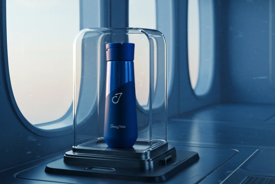 Blue Ceramic Insulated Bottle Locked in a Futuristic Glass Case