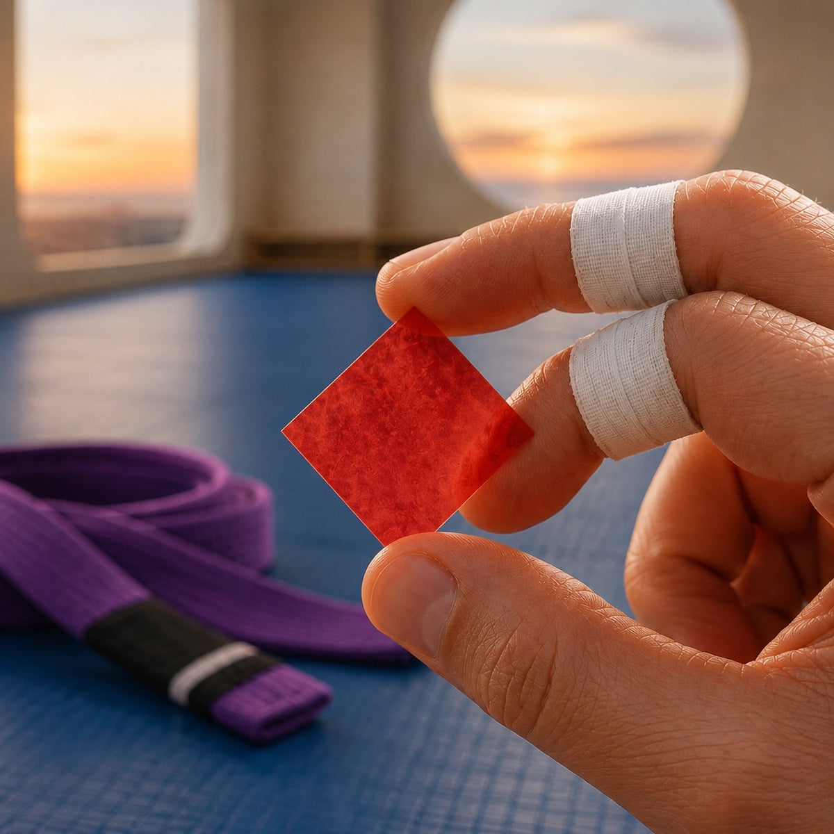 Taped Jiu-Jitsu hand holding a translucent cranberry-red NRGStrip with its per-strip formula