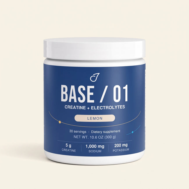 Base / 01 creatine and electrolyte tub on a warm ivory background