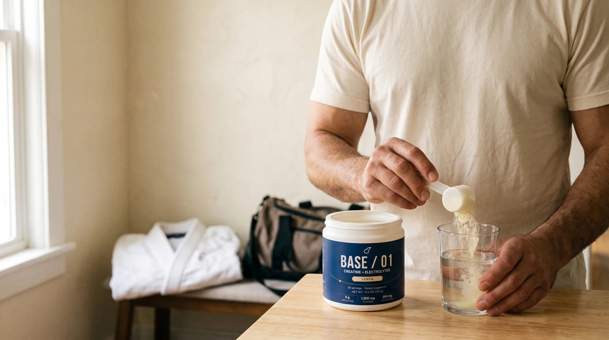 Hands adding a scoop of Base / 01 to water