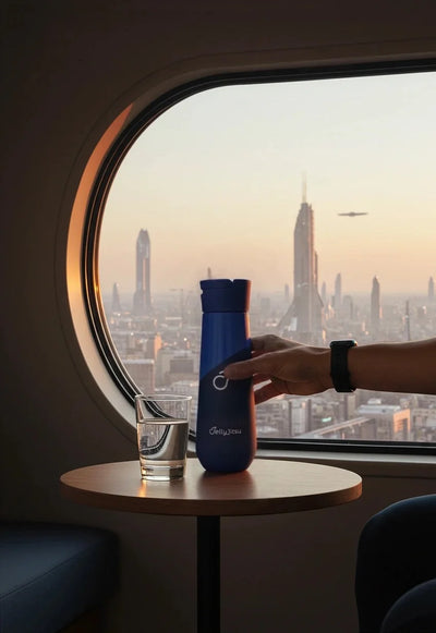 Horizon Blue bottle on a window table overlooking the city