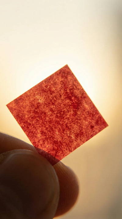 A paper-thin red Energy Strip held between fingertips in daylight
