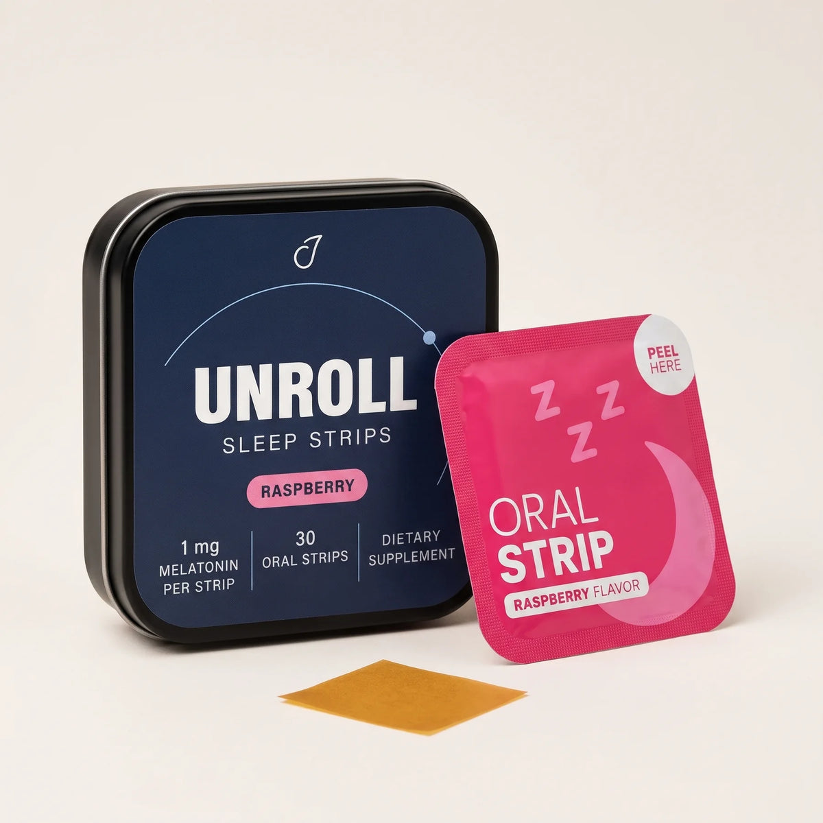 Unroll sleep strips tin with a raspberry packet and a thin amber oral strip
