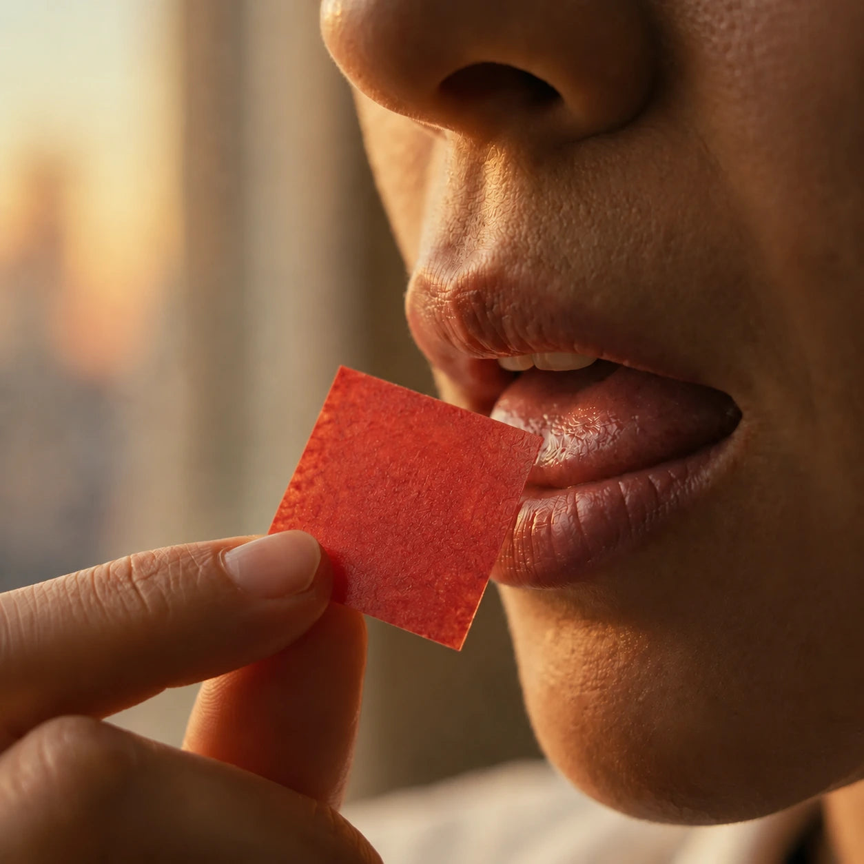Close-up of an athlete placing one translucent square NRGStrip on the tongue