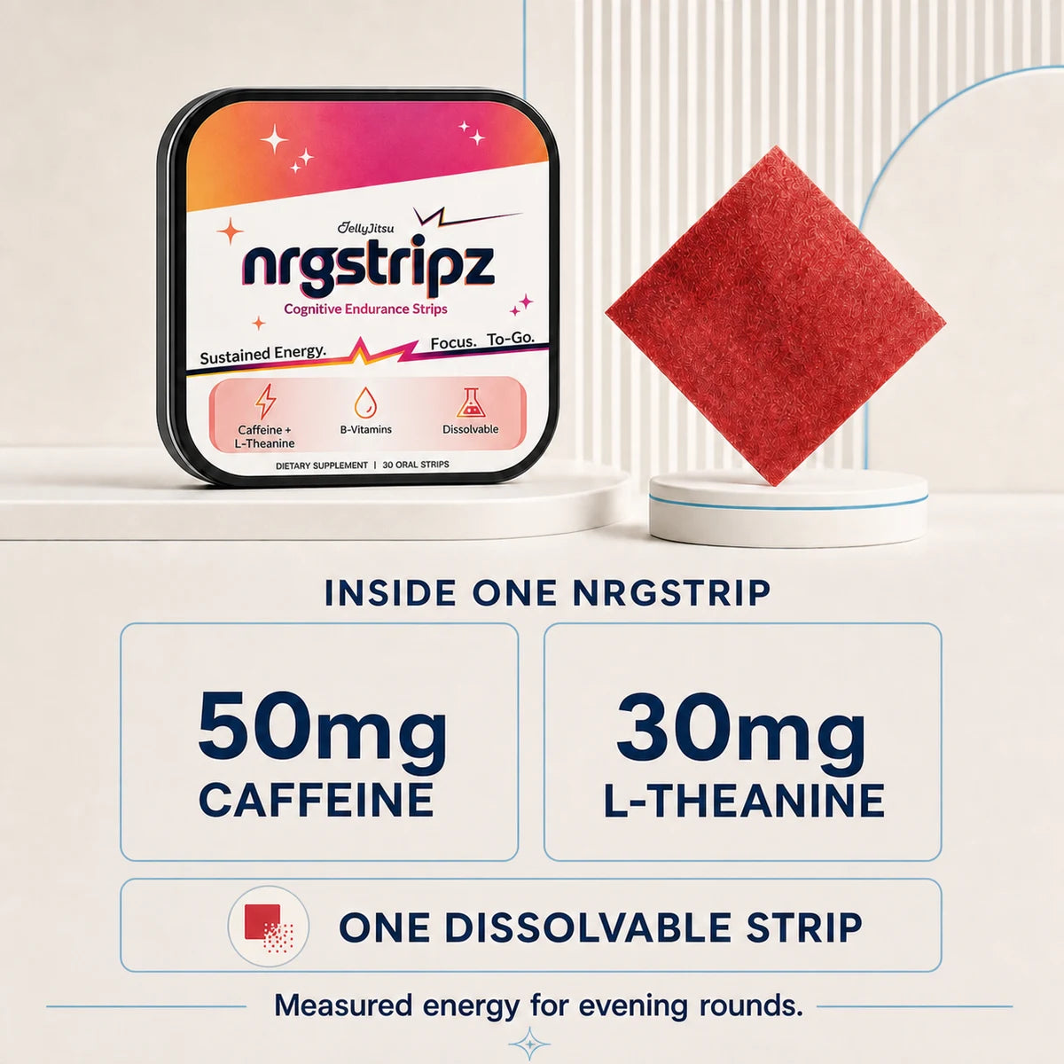 NRGStripz tin and one red dissolvable strip with 50 milligrams caffeine and 30 milligrams L-Theanine per strip