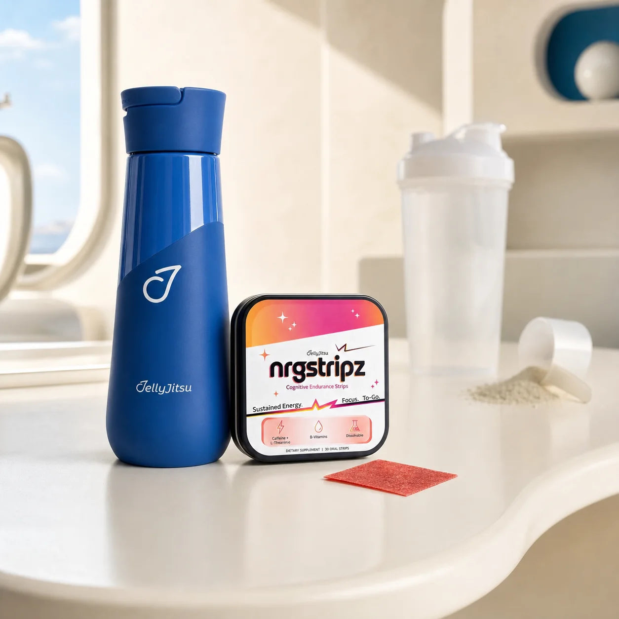 Ceramic Training Bottle, NRGStripz tin, and red strip in front of a shaker and scoop