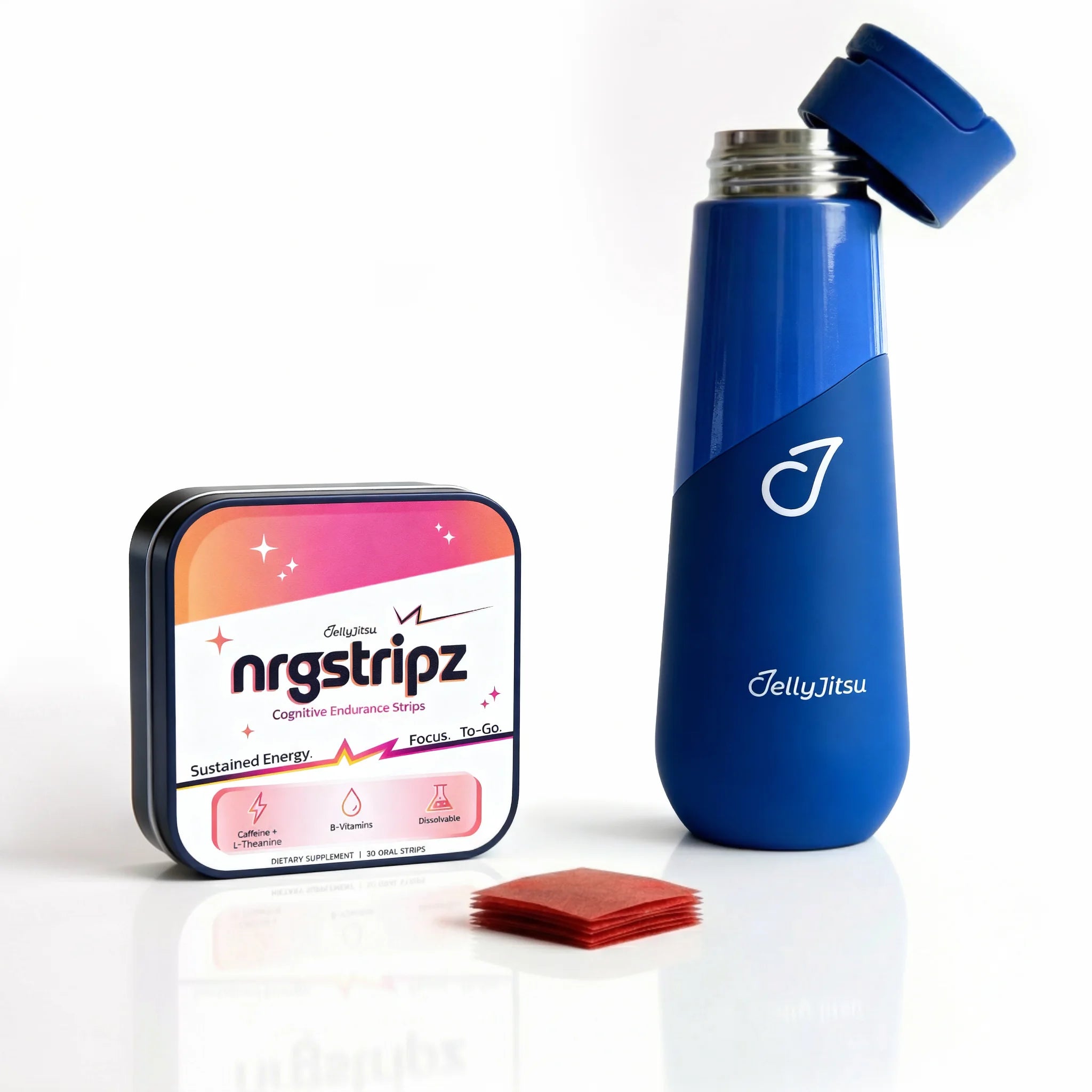 Ceramic Training Bottle, NRGStripz tin, and red dissolvable strips