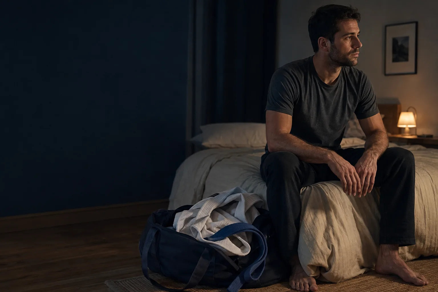 A grappler at home after evening class, with a white gi and blue belt beside the bed
