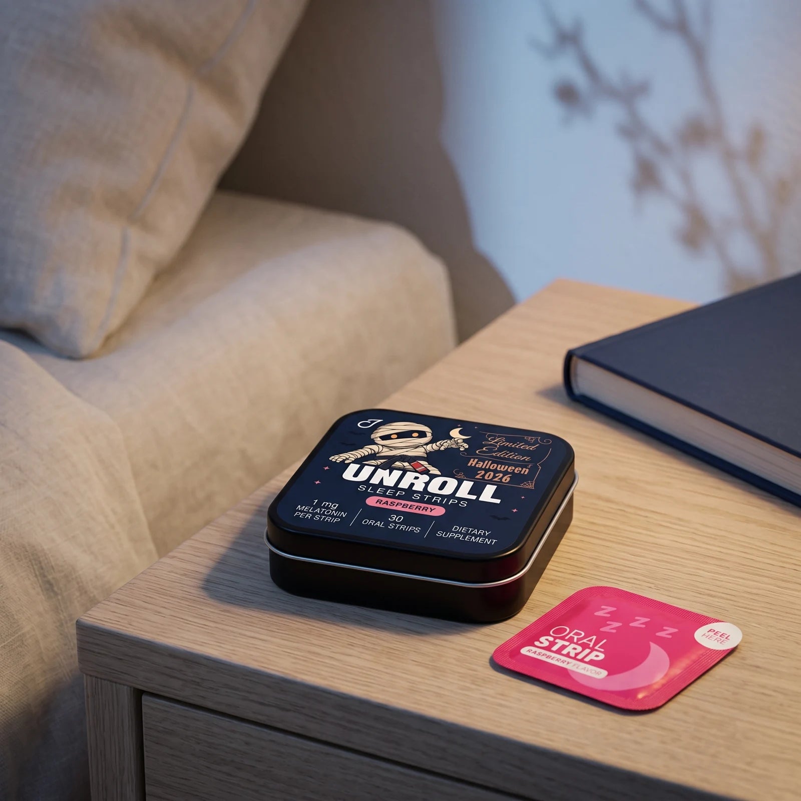 The limited edition Halloween Unroll tin on a warmly lit bedside table