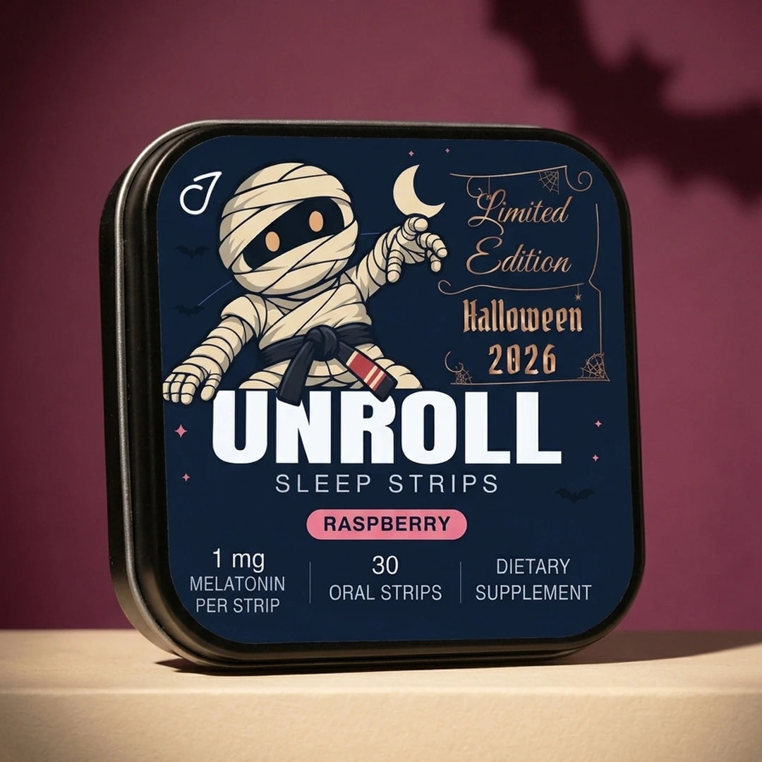 Unroll Halloween 2026 limited edition tin against a plum wall with a bat shadow